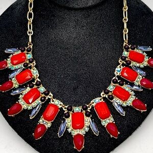 Elegant Red and Gold With Blue and Purple Accents Statement Bib Necklace
